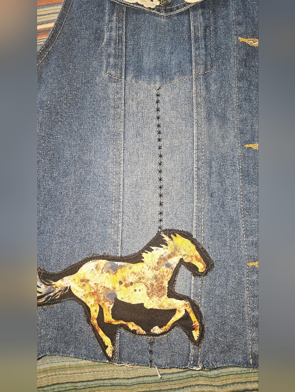 Horse Patch Denim Vest in Blue with Cream Lace Accents - Picture 4 of 6